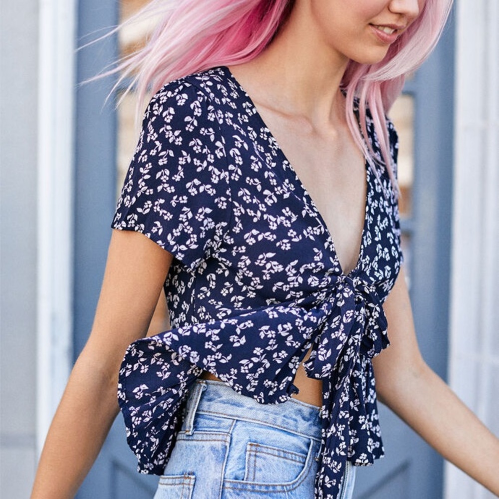 John Galt Floral Tie Front Top